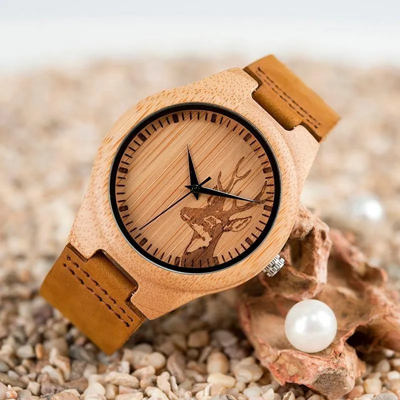 Uhr Männer Elch Hirschkopf Bambus Gravur Uhren Frauen mit Echtes Leder Liebhaber Armbanduhren relogio masculino