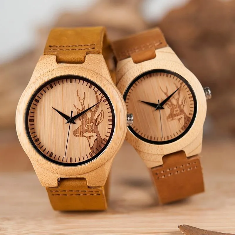 Uhr Männer Elch Hirschkopf Bambus Gravur Uhren Frauen mit Echtes Leder Liebhaber Armbanduhren relogio masculino