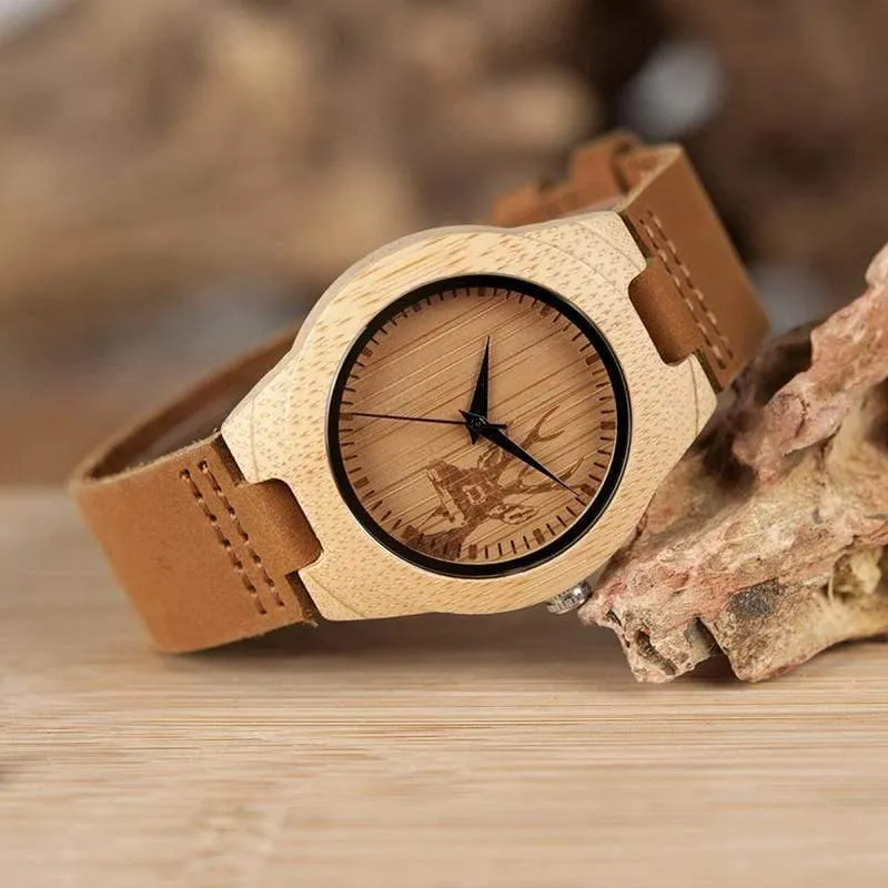 Uhr Männer Elch Hirschkopf Bambus Gravur Uhren Frauen mit Echtes Leder Liebhaber Armbanduhren relogio masculino