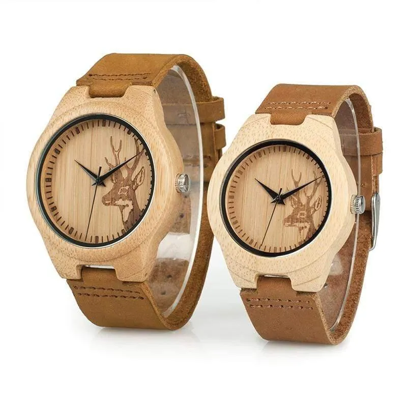 Uhr Männer Elch Hirschkopf Bambus Gravur Uhren Frauen mit Echtes Leder Liebhaber Armbanduhren relogio masculino