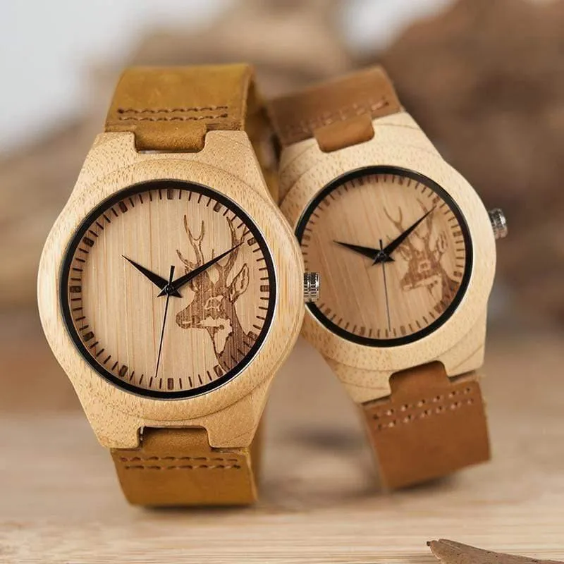 Uhr Männer Elch Hirschkopf Bambus Gravur Uhren Frauen mit Echtes Leder Liebhaber Armbanduhren relogio masculino