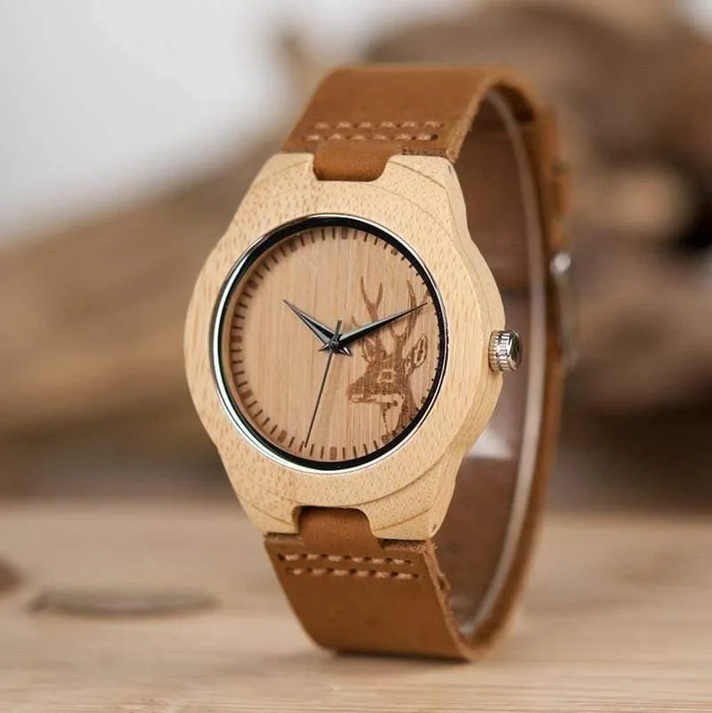 Uhr Männer Elch Hirschkopf Bambus Gravur Uhren Frauen mit Echtes Leder Liebhaber Armbanduhren relogio masculino