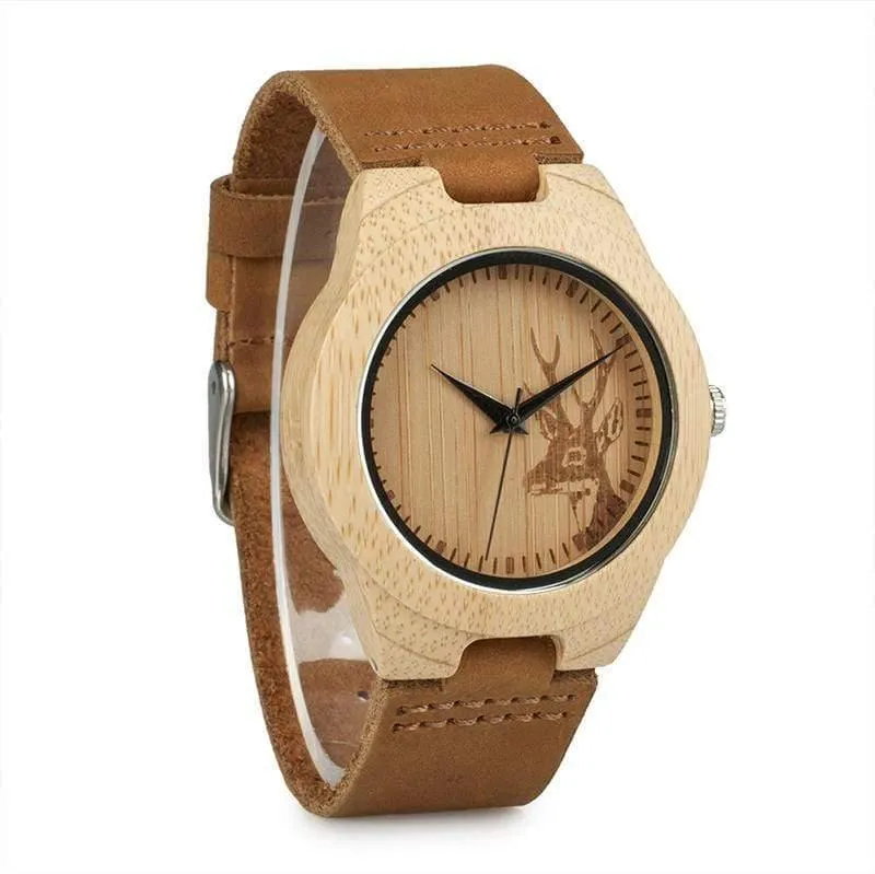 Uhr Männer Elch Hirschkopf Bambus Gravur Uhren Frauen mit Echtes Leder Liebhaber Armbanduhren relogio masculino