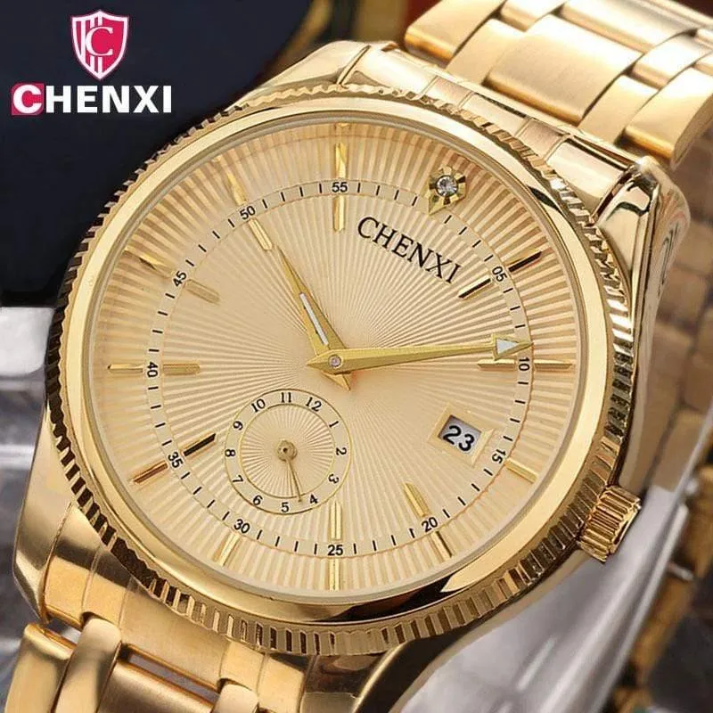 Goldene Uhr für Männer und Frauen, einzigartiges Design, Kalender, Edelstahl, Paar-Liebhaber-Armbanduhr, golden, Business, Casual