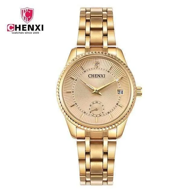 Goldene Uhr für Männer und Frauen, einzigartiges Design, Kalender, Edelstahl, Paar-Liebhaber-Armbanduhr, golden, Business, Casual