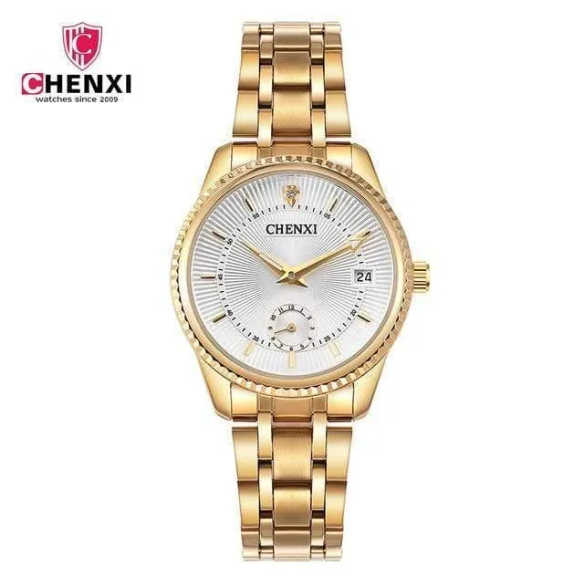 Goldene Uhr für Männer und Frauen, einzigartiges Design, Kalender, Edelstahl, Paar-Liebhaber-Armbanduhr, golden, Business, Casual