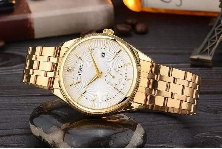 Goldene Uhr für Männer und Frauen, einzigartiges Design, Kalender, Edelstahl, Paar-Liebhaber-Armbanduhr, golden, Business, Casual