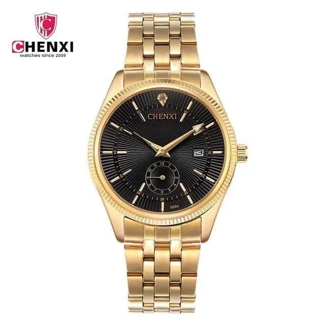 Goldene Uhr für Männer und Frauen, einzigartiges Design, Kalender, Edelstahl, Paar-Liebhaber-Armbanduhr, golden, Business, Casual