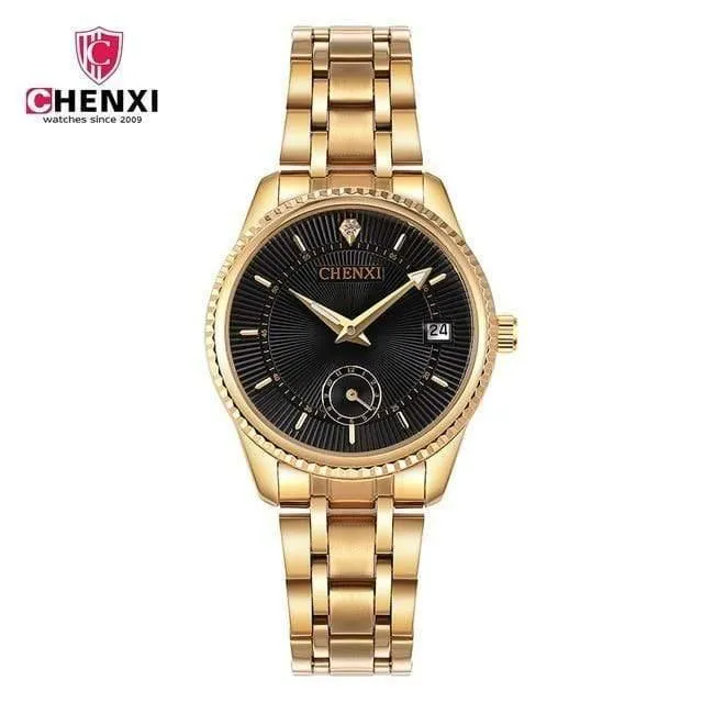 Goldene Uhr für Männer und Frauen, einzigartiges Design, Kalender, Edelstahl, Paar-Liebhaber-Armbanduhr, golden, Business, Casual