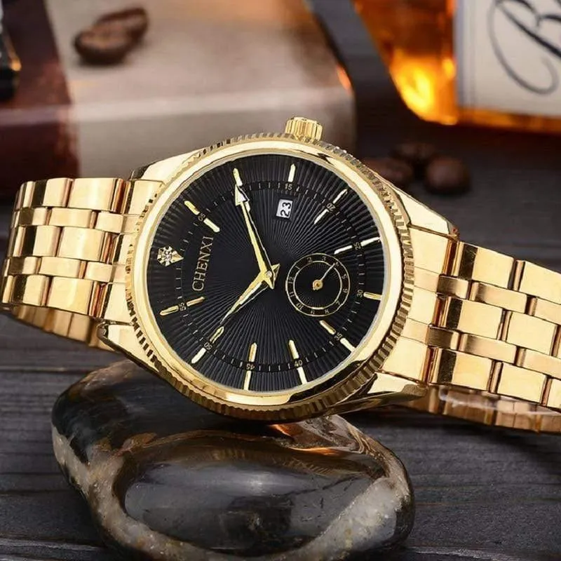 Goldene Uhr für Männer und Frauen, einzigartiges Design, Kalender, Edelstahl, Paar-Liebhaber-Armbanduhr, golden, Business, Casual