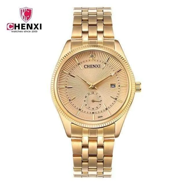 Goldene Uhr für Männer und Frauen, einzigartiges Design, Kalender, Edelstahl, Paar-Liebhaber-Armbanduhr, golden, Business, Casual