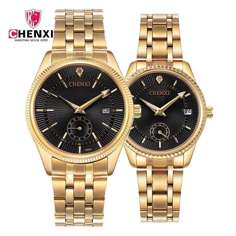 Goldene Uhr für Männer und Frauen, einzigartiges Design, Kalender, Edelstahl, Paar-Liebhaber-Armbanduhr, golden, Business, Casual
