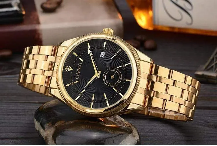 Goldene Uhr für Männer und Frauen, einzigartiges Design, Kalender, Edelstahl, Paar-Liebhaber-Armbanduhr, golden, Business, Casual