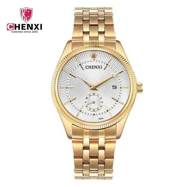Goldene Uhr für Männer und Frauen, einzigartiges Design, Kalender, Edelstahl, Paar-Liebhaber-Armbanduhr, golden, Business, Casual