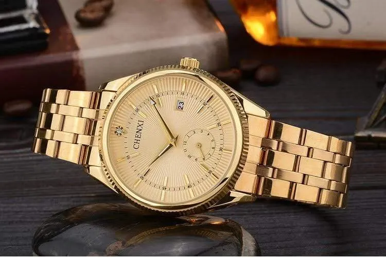 Goldene Uhr für Männer und Frauen, einzigartiges Design, Kalender, Edelstahl, Paar-Liebhaber-Armbanduhr, golden, Business, Casual
