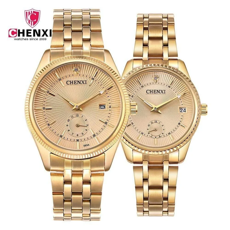 Goldene Uhr für Männer und Frauen, einzigartiges Design, Kalender, Edelstahl, Paar-Liebhaber-Armbanduhr, golden, Business, Casual