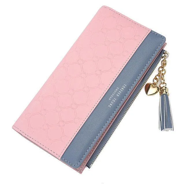 Damen Geldbörse Leder PU Geldbörse Haspe Clutch Langer Reißverschluss Handyhalter Damen Geldbörsen Quaste Münzfach Karte Geld
