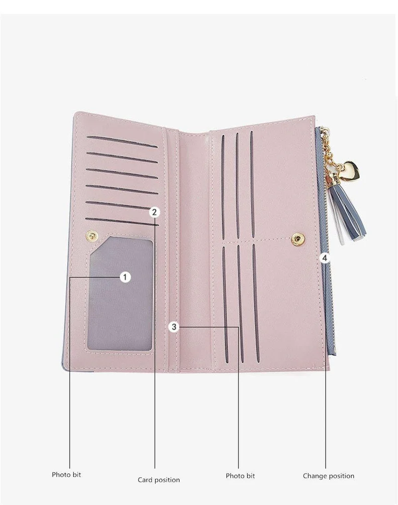 Damen Geldbörse Leder PU Geldbörse Haspe Clutch Langer Reißverschluss Handyhalter Damen Geldbörsen Quaste Münzfach Karte Geld