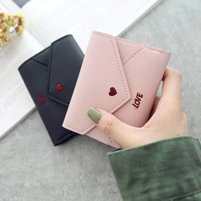 Damen-Geldbörse, Mini-Geldbörse, herzförmige Stickerei, Litschi-Muster, multifunktionale Geldbörse, 3-fach gefaltete kleine Geldbörse