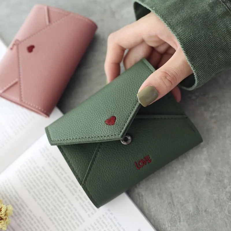 Damen-Geldbörse, Mini-Geldbörse, herzförmige Stickerei, Litschi-Muster, multifunktionale Geldbörse, 3-fach gefaltete kleine Geldbörse