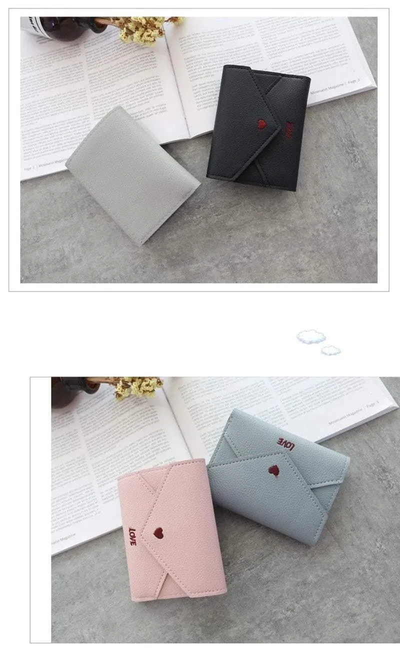 Damen-Geldbörse, Mini-Geldbörse, herzförmige Stickerei, Litschi-Muster, multifunktionale Geldbörse, 3-fach gefaltete kleine Geldbörse