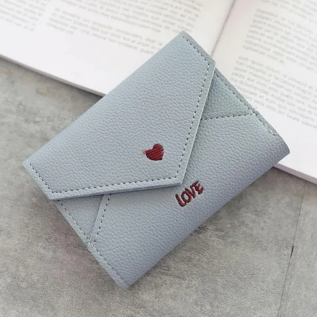 Damen-Geldbörse, Mini-Geldbörse, herzförmige Stickerei, Litschi-Muster, multifunktionale Geldbörse, 3-fach gefaltete kleine Geldbörse