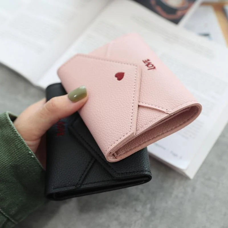 Damen-Geldbörse, Mini-Geldbörse, herzförmige Stickerei, Litschi-Muster, multifunktionale Geldbörse, 3-fach gefaltete kleine Geldbörse