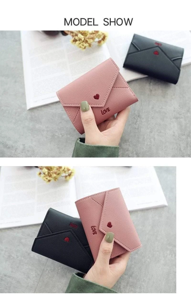 Damen-Geldbörse, Mini-Geldbörse, herzförmige Stickerei, Litschi-Muster, multifunktionale Geldbörse, 3-fach gefaltete kleine Geldbörse