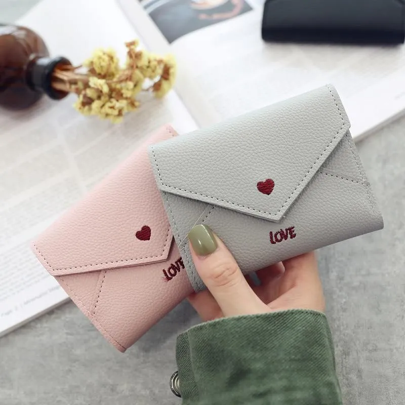 Damen-Geldbörse, Mini-Geldbörse, herzförmige Stickerei, Litschi-Muster, multifunktionale Geldbörse, 3-fach gefaltete kleine Geldbörse