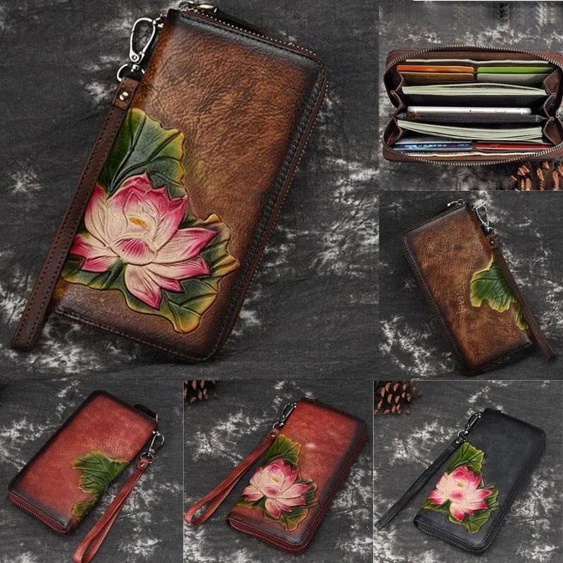 Echtes Leder Geldbörse für Frauen Clutch Bag Zipper neue Vintage Blume lange Brieftasche Clutch weibliche Luxus Brieftasche