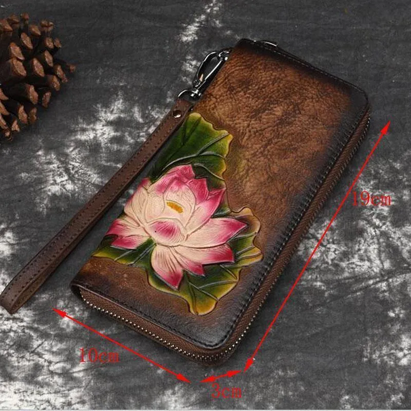 Echtes Leder Geldbörse für Frauen Clutch Bag Zipper neue Vintage Blume lange Brieftasche Clutch weibliche Luxus Brieftasche