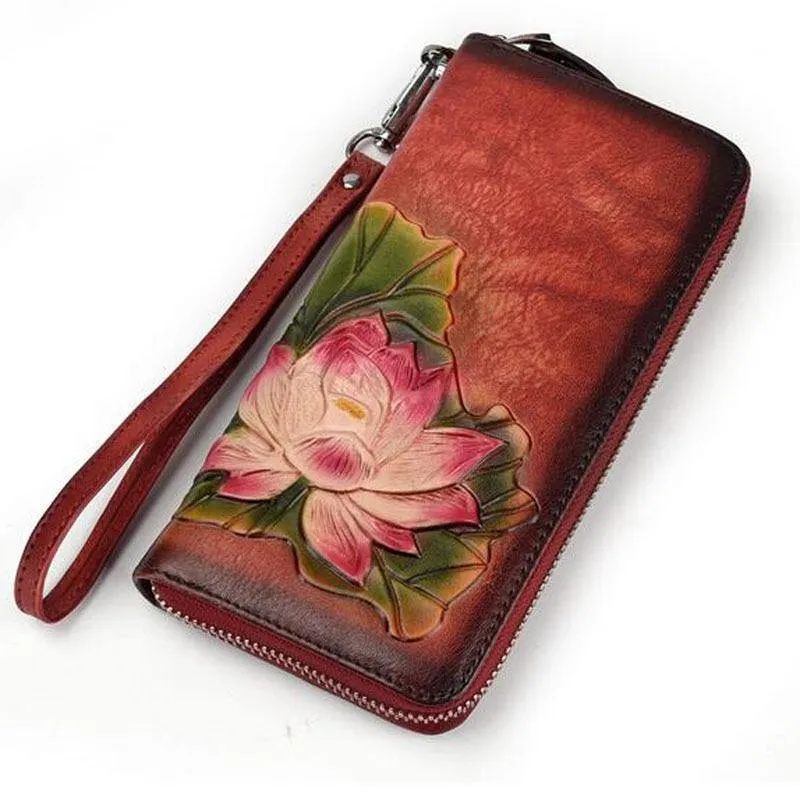Echtes Leder Geldbörse für Frauen Clutch Bag Zipper neue Vintage Blume lange Brieftasche Clutch weibliche Luxus Brieftasche