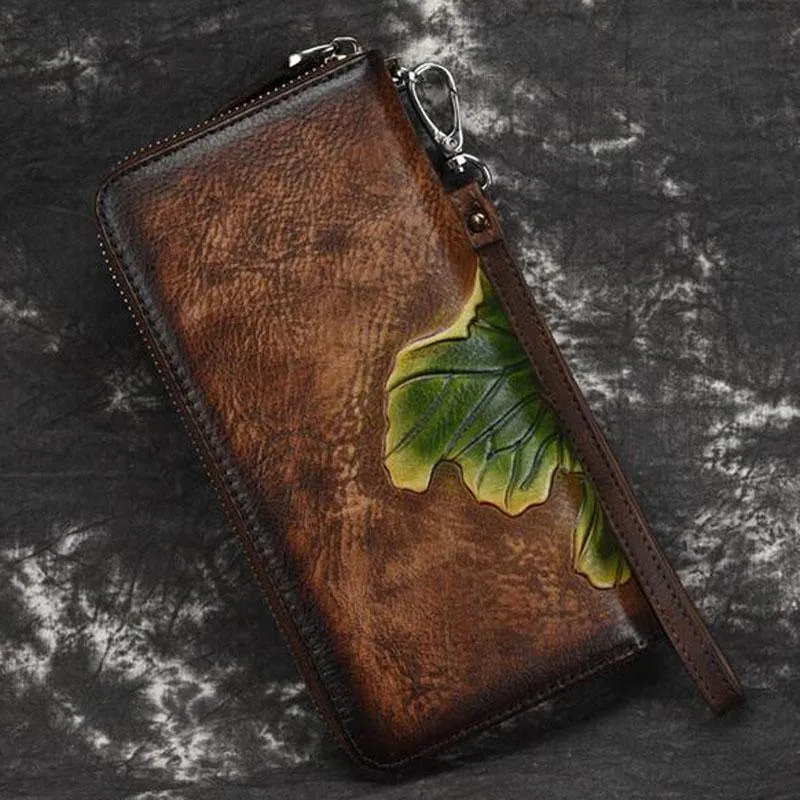 Echtes Leder Geldbörse für Frauen Clutch Bag Zipper neue Vintage Blume lange Brieftasche Clutch weibliche Luxus Brieftasche