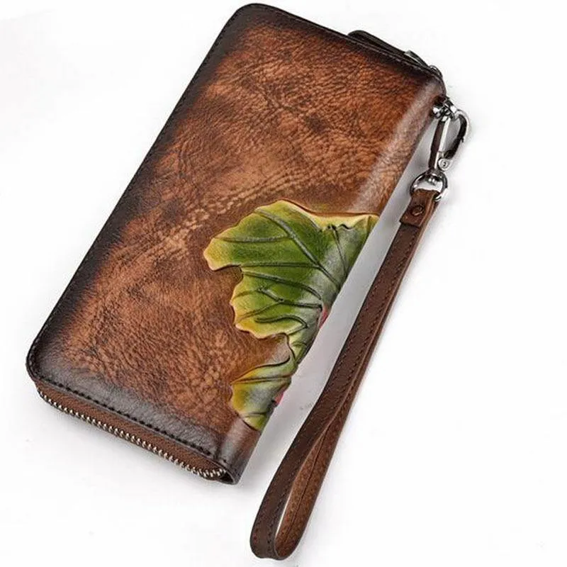 Echtes Leder Geldbörse für Frauen Clutch Bag Zipper neue Vintage Blume lange Brieftasche Clutch weibliche Luxus Brieftasche