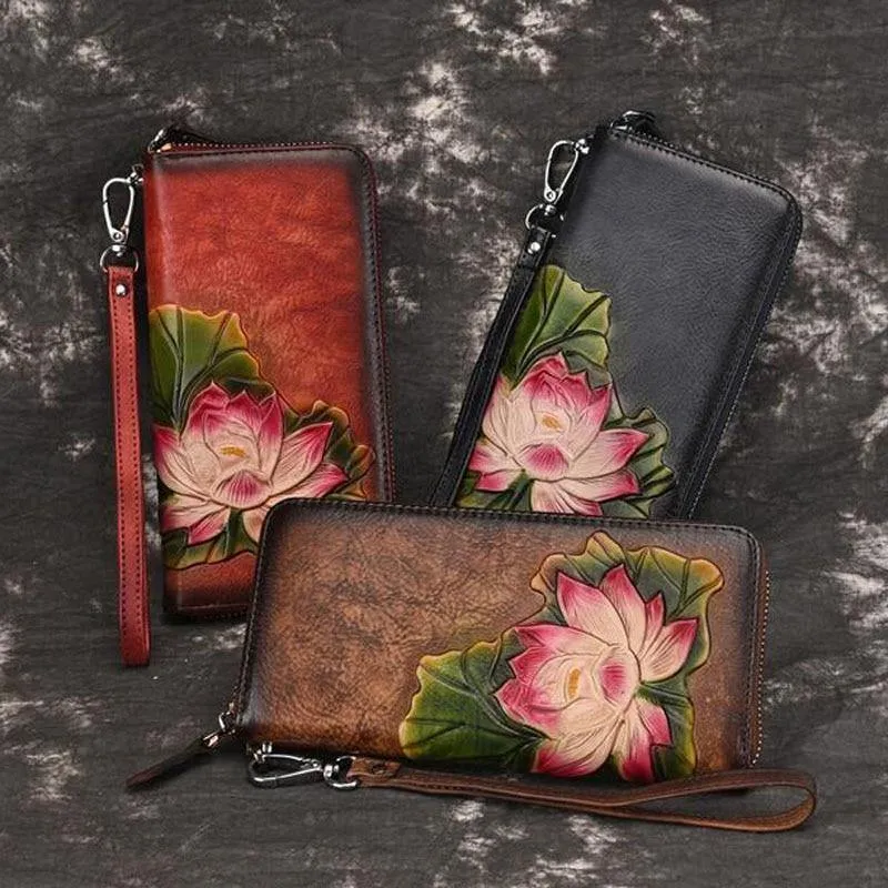 Echtes Leder Geldbörse für Frauen Clutch Bag Zipper neue Vintage Blume lange Brieftasche Clutch weibliche Luxus Brieftasche