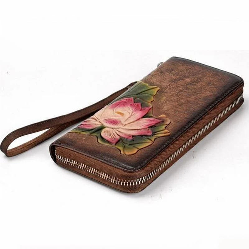 Echtes Leder Geldbörse für Frauen Clutch Bag Zipper neue Vintage Blume lange Brieftasche Clutch weibliche Luxus Brieftasche