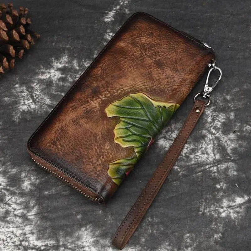 Echtes Leder Geldbörse für Frauen Clutch Bag Zipper neue Vintage Blume lange Brieftasche Clutch weibliche Luxus Brieftasche