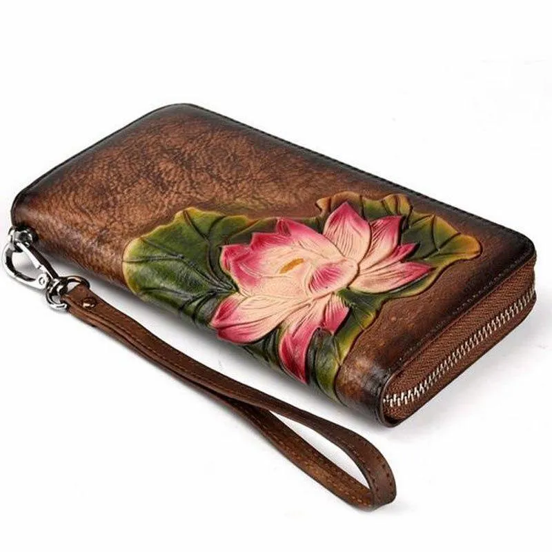 Echtes Leder Geldbörse für Frauen Clutch Bag Zipper neue Vintage Blume lange Brieftasche Clutch weibliche Luxus Brieftasche
