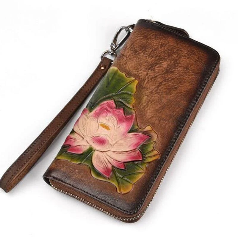 Echtes Leder Geldbörse für Frauen Clutch Bag Zipper neue Vintage Blume lange Brieftasche Clutch weibliche Luxus Brieftasche