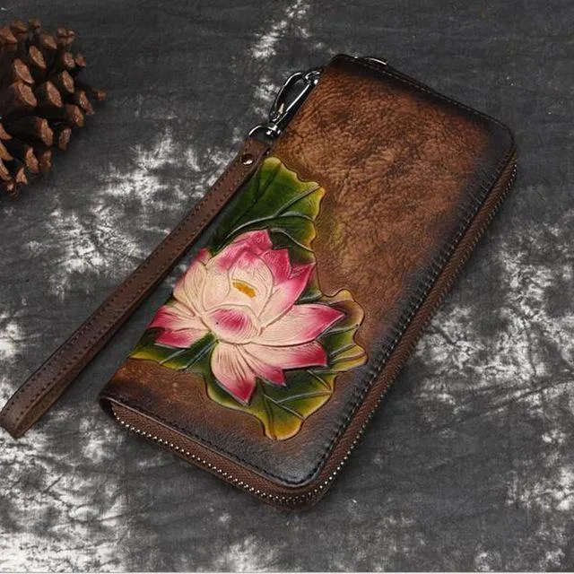 Echtes Leder Geldbörse für Frauen Clutch Bag Zipper neue Vintage Blume lange Brieftasche Clutch weibliche Luxus Brieftasche