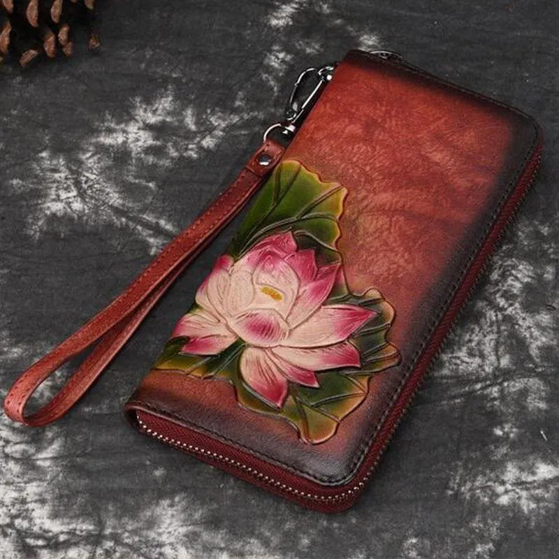 Echtes Leder Geldbörse für Frauen Clutch Bag Zipper neue Vintage Blume lange Brieftasche Clutch weibliche Luxus Brieftasche