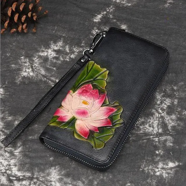 Echtes Leder Geldbörse für Frauen Clutch Bag Zipper neue Vintage Blume lange Brieftasche Clutch weibliche Luxus Brieftasche