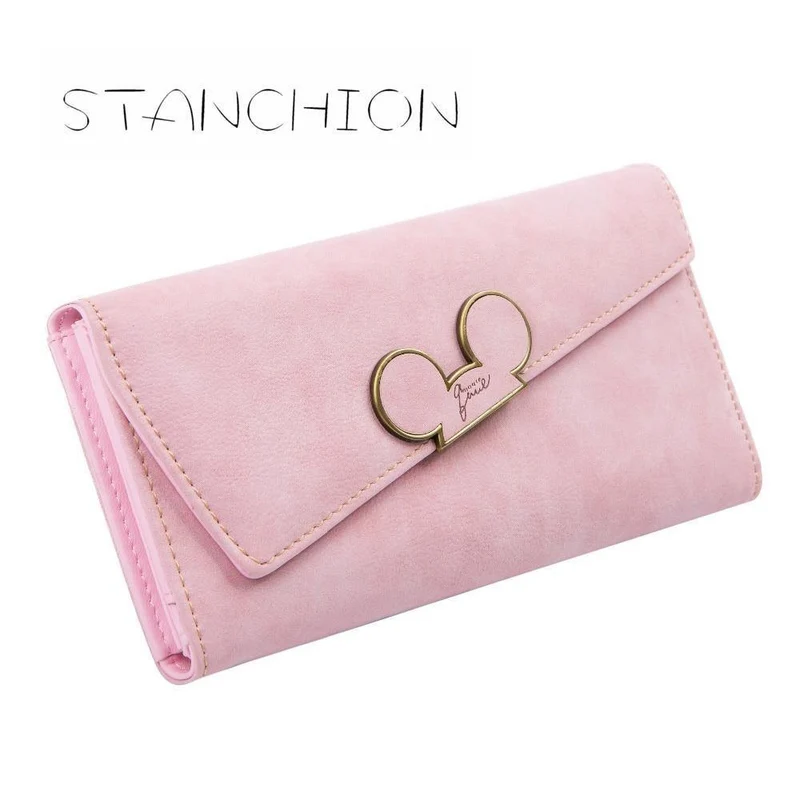 Damen-Geldbörsen aus Kunstleder mit langem Abschnitt und Haspe, Mickey-Kopf, schräger Deckel, dreifach gefaltete Clutch, Münzfach, Kartenhalter
