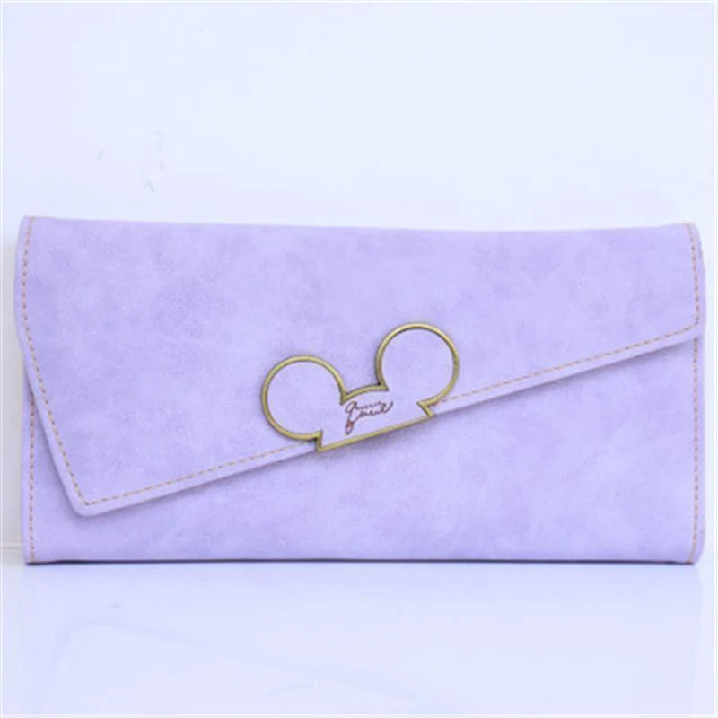 Damen-Geldbörsen aus Kunstleder mit langem Abschnitt und Haspe, Mickey-Kopf, schräger Deckel, dreifach gefaltete Clutch, Münzfach, Kartenhalter