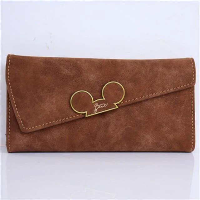 Damen-Geldbörsen aus Kunstleder mit langem Abschnitt und Haspe, Mickey-Kopf, schräger Deckel, dreifach gefaltete Clutch, Münzfach, Kartenhalter