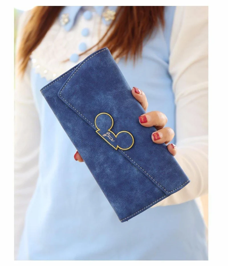 Damen-Geldbörsen aus Kunstleder mit langem Abschnitt und Haspe, Mickey-Kopf, schräger Deckel, dreifach gefaltete Clutch, Münzfach, Kartenhalter