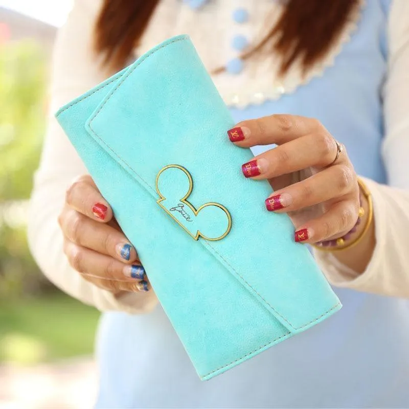Damen-Geldbörsen aus Kunstleder mit langem Abschnitt und Haspe, Mickey-Kopf, schräger Deckel, dreifach gefaltete Clutch, Münzfach, Kartenhalter