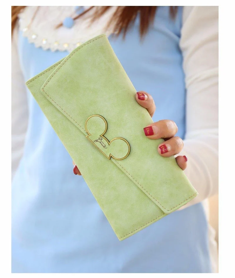 Damen-Geldbörsen aus Kunstleder mit langem Abschnitt und Haspe, Mickey-Kopf, schräger Deckel, dreifach gefaltete Clutch, Münzfach, Kartenhalter