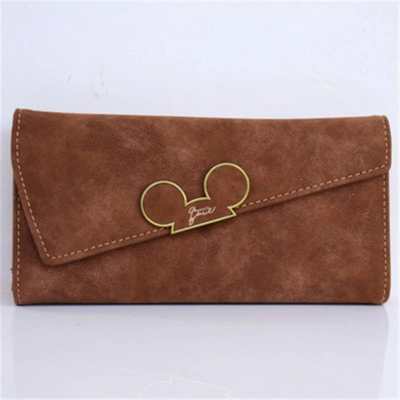 Damen-Geldbörsen aus Kunstleder mit langem Abschnitt und Haspe, Mickey-Kopf, schräger Deckel, dreifach gefaltete Clutch, Münzfach, Kartenhalter