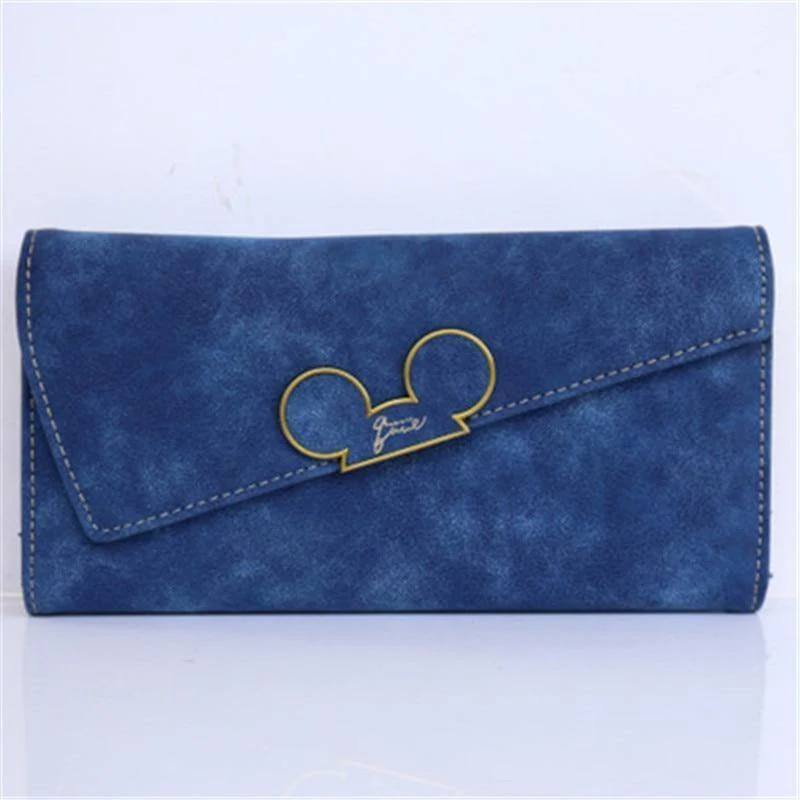 Damen-Geldbörsen aus Kunstleder mit langem Abschnitt und Haspe, Mickey-Kopf, schräger Deckel, dreifach gefaltete Clutch, Münzfach, Kartenhalter